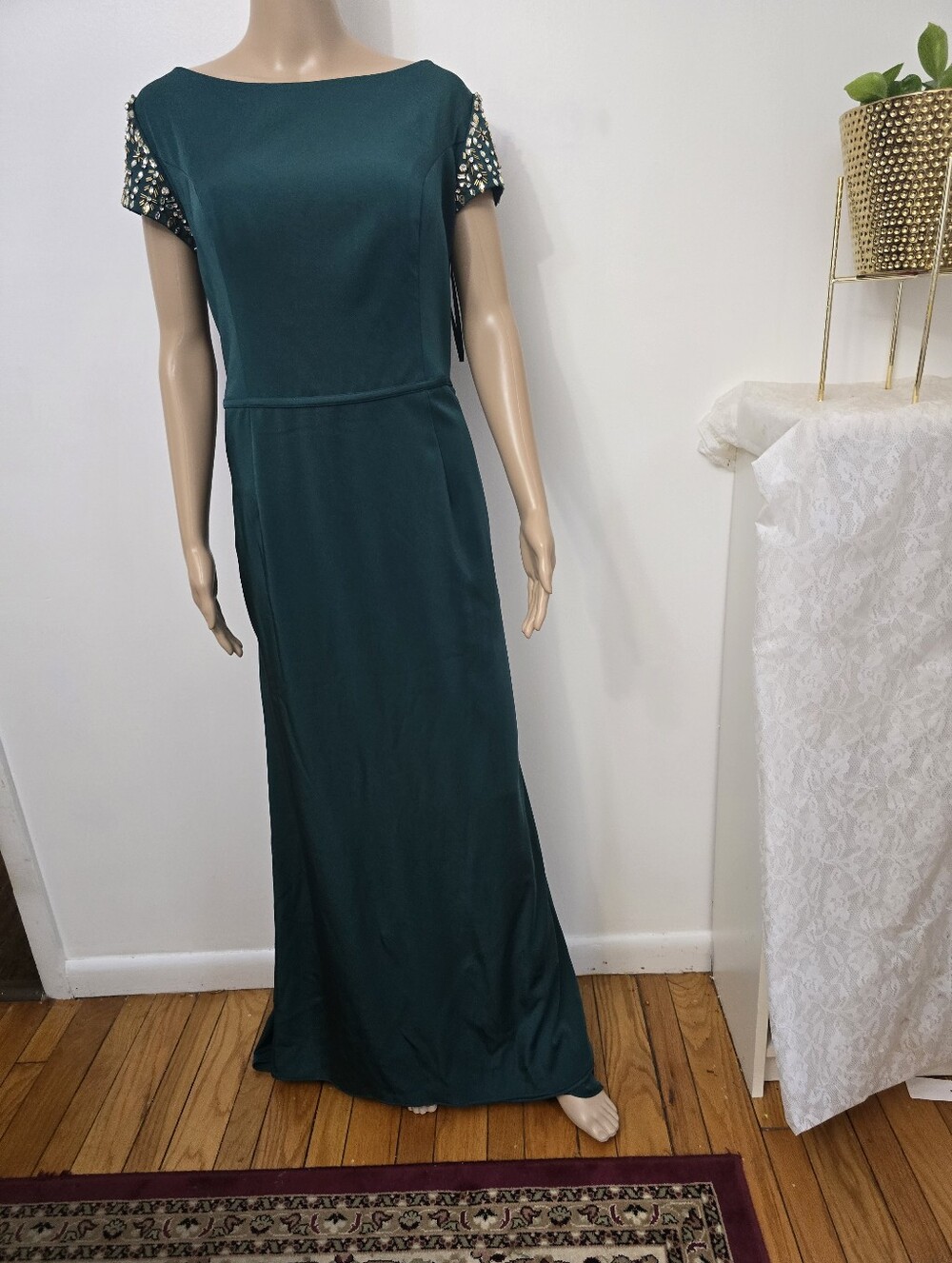 MAC Duggal Green Maxi Dress Bejeweled Cap Sleeves